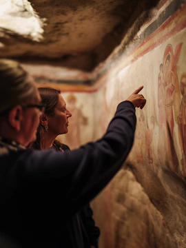 Visitors examining ancient frescoes in the Roman Catacombs during a guided tour.