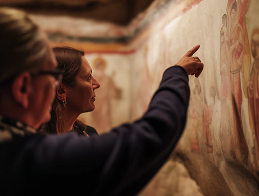Visitors examining ancient frescoes in the Roman Catacombs during a guided tour.