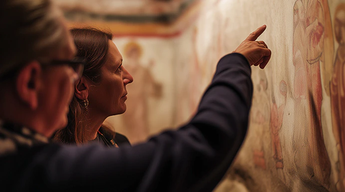 Visitors examining ancient frescoes in the Roman Catacombs during a guided tour.