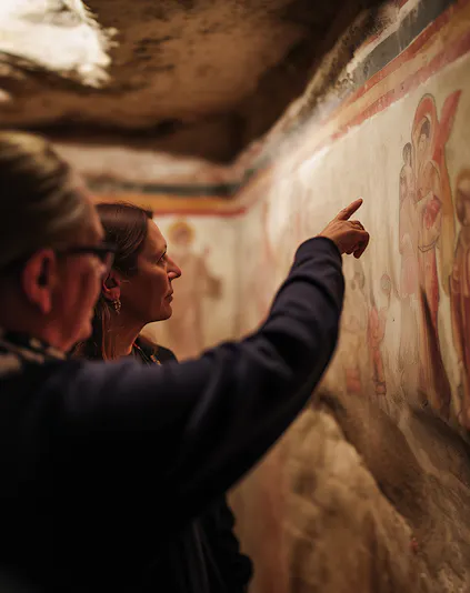 Visitors examining ancient frescoes in the Roman Catacombs during a guided tour.