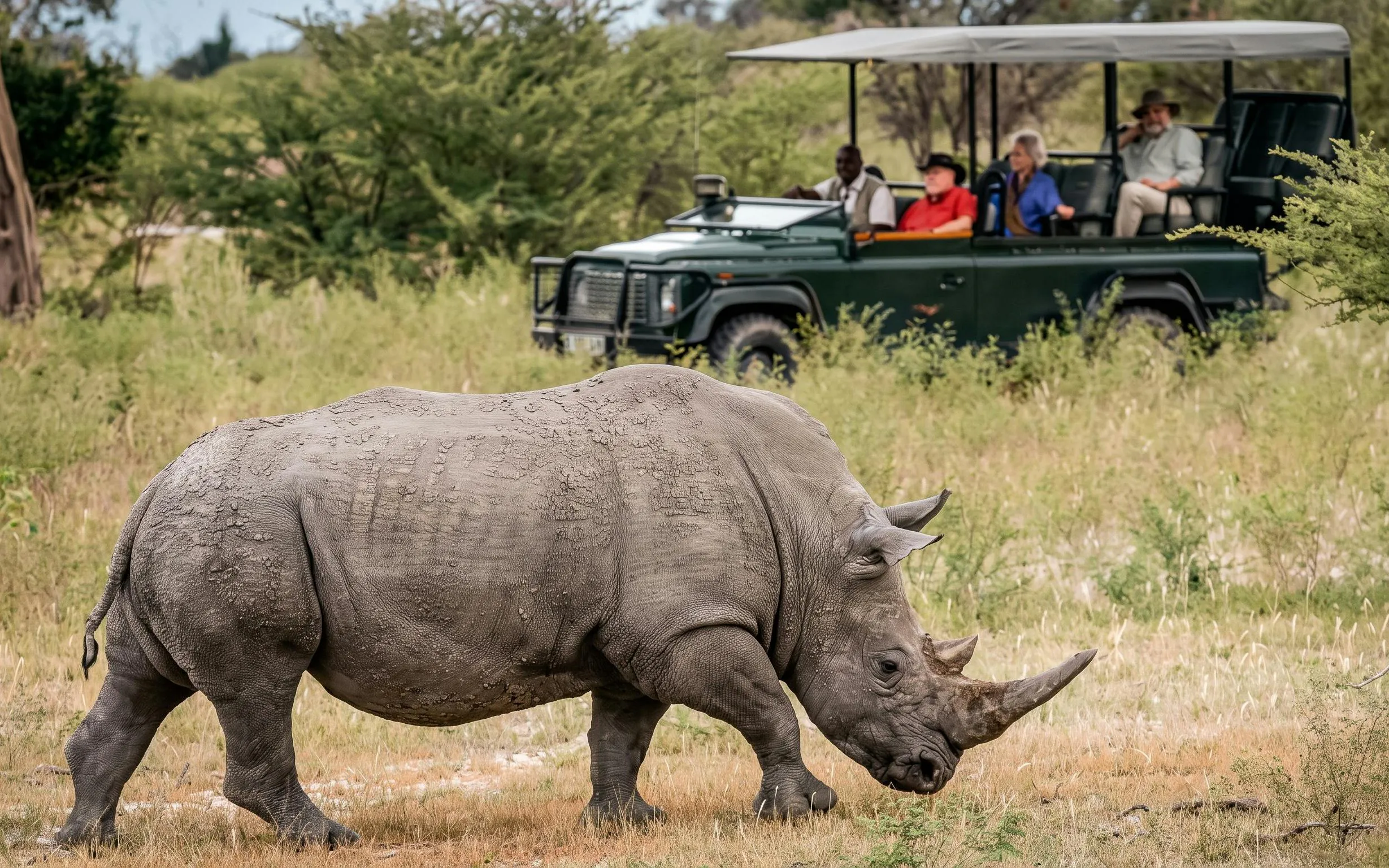 Rhino walking near safari vehicle in Pilanesberg National Park.