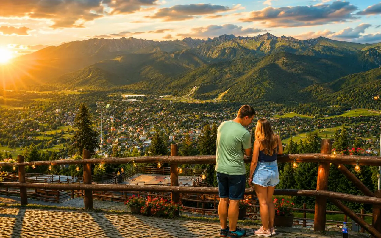 Couple enjoying sunset view of Zakopane from Gubałówka, Poland.
