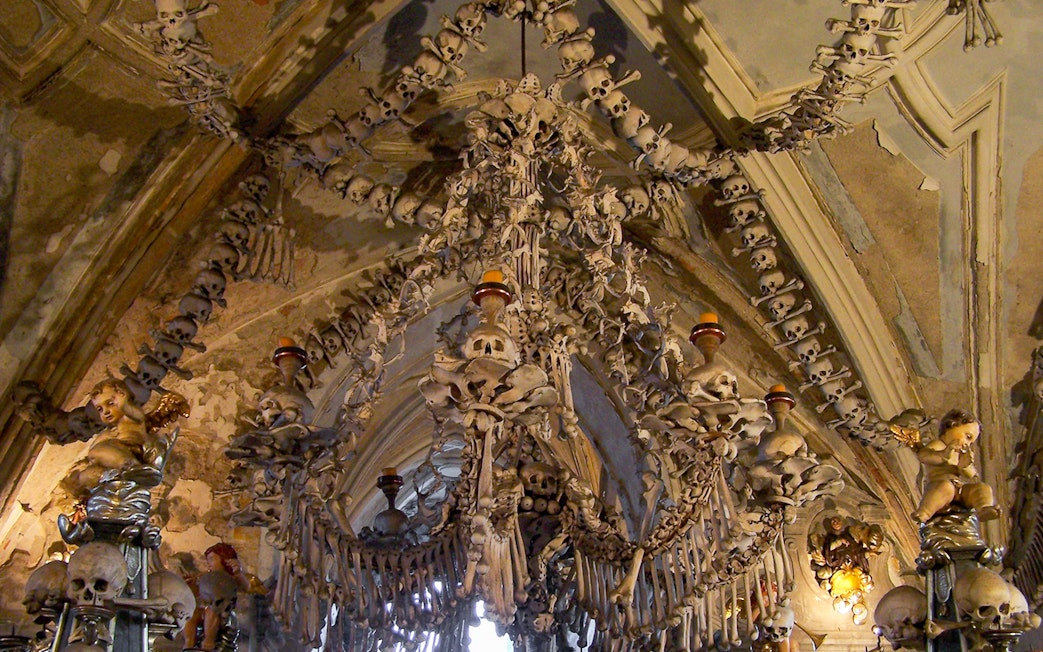 Sedlec Ossuary bone chandelier in Kutna Hora, Czech Republic.