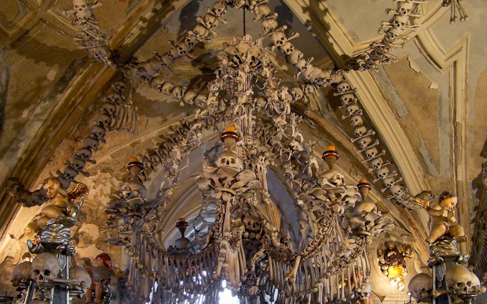 Sedlec Ossuary bone chandelier in Kutna Hora, Czech Republic.
