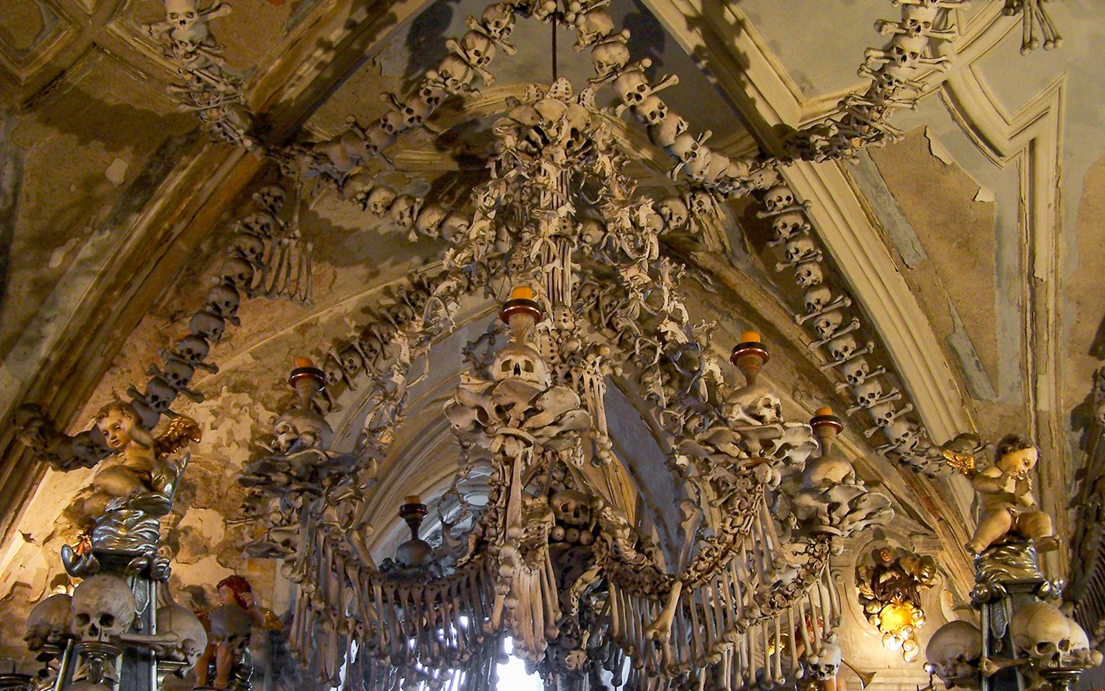 Sedlec Ossuary bone chandelier in Kutna Hora, Czech Republic.