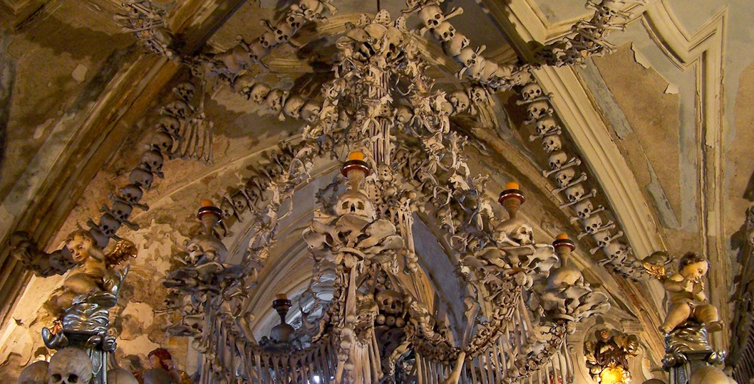 Sedlec Ossuary bone chandelier in Kutna Hora, Czech Republic.