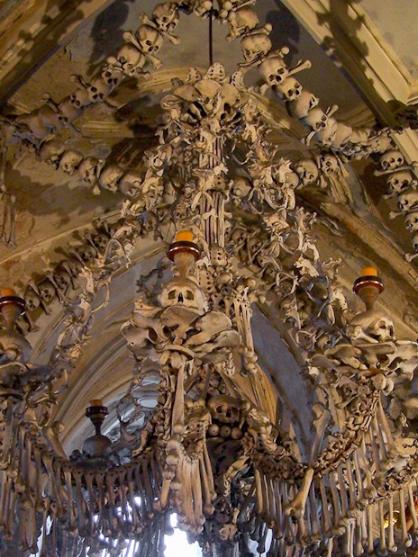 Sedlec Ossuary bone chandelier in Kutna Hora, Czech Republic.
