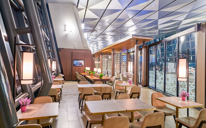 Sapphire Lounge seating area, T3 International Departures, near Gate 7, with modern decor.