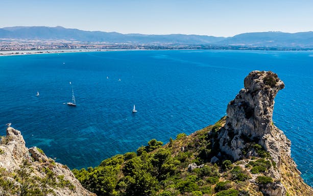 Devil’s Saddle rock formation overlooking the sea in Cagliari, Sardinia.
