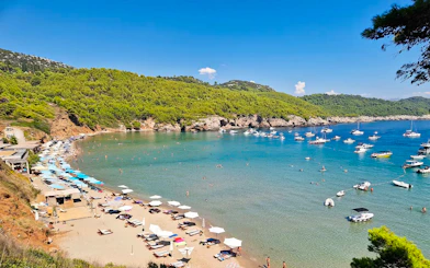 Elaphite Island shoreline with boats and beachgoers during Karaka cruise tour.