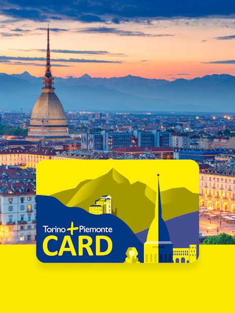 Torino skyline at sunset with Mole Antonelliana and Torino + Piemonte Card.