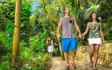 Couple walking through butterfly garden at Xcaret Park.