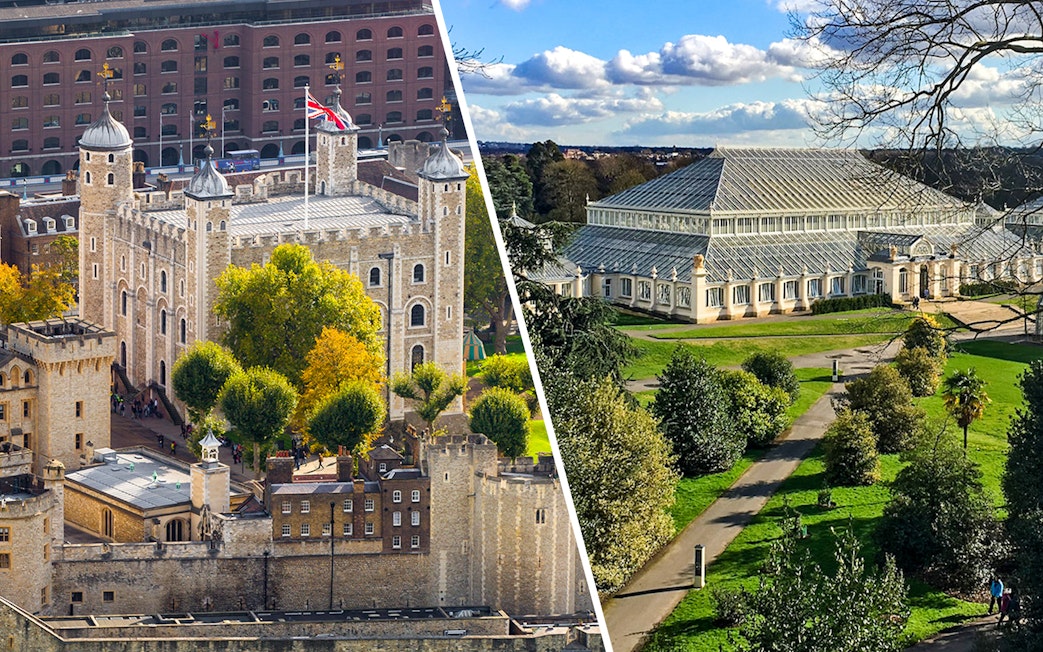 Tower of London with Crown Jewels and Kew Gardens glasshouse in London.