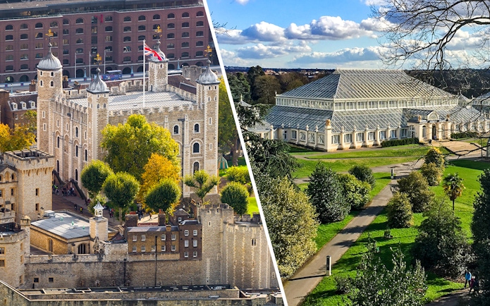 Tower of London with Crown Jewels and Kew Gardens glasshouse in London.