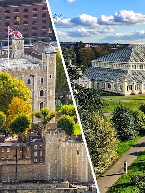 Tower of London with Crown Jewels and Kew Gardens glasshouse in London.