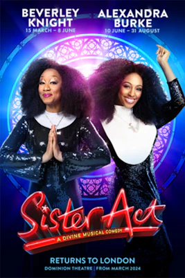 Sister Act musical poster with colorful graphics and show details.