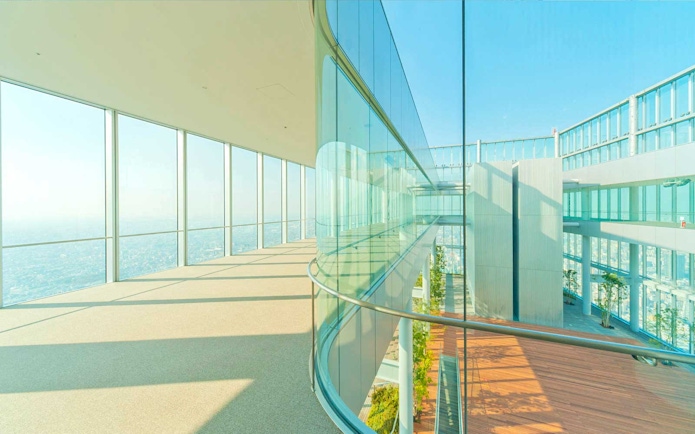 Harukas 300 Observatory interior with panoramic city views in Osaka, Japan.