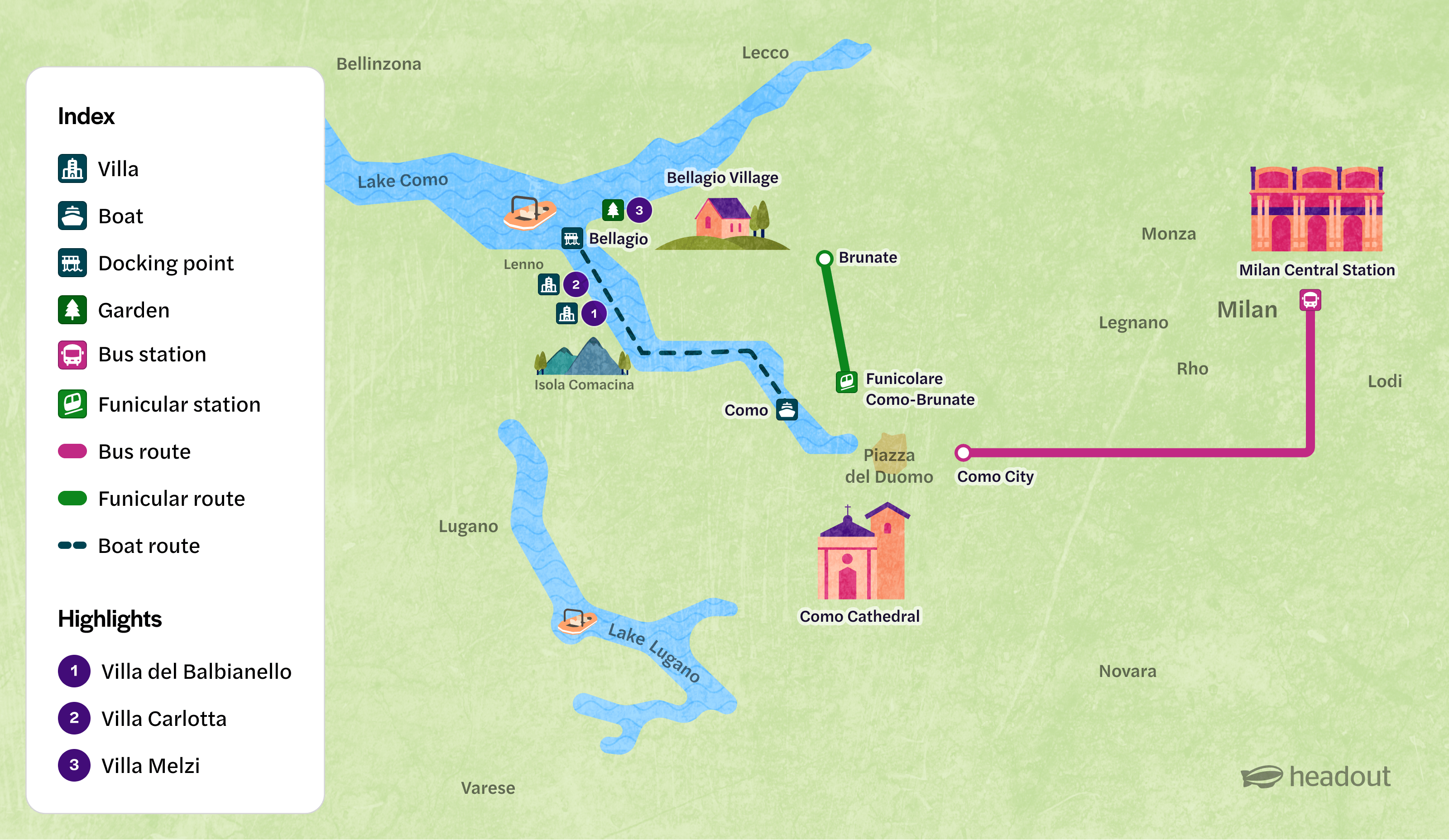 Map of Lake Como showing routes to Bellagio, Como, and Milan with villa highlights.
