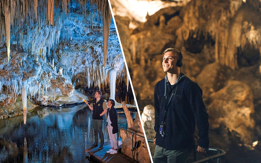 Guided tour exploring stalactites in Lake Cave, Margaret River.