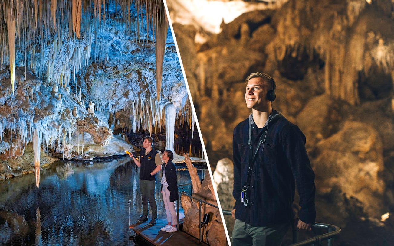 Guided tour exploring stalactites in Lake Cave, Margaret River.