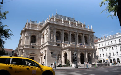 Hungarian State Opera House exterior with street view in Budapest.
