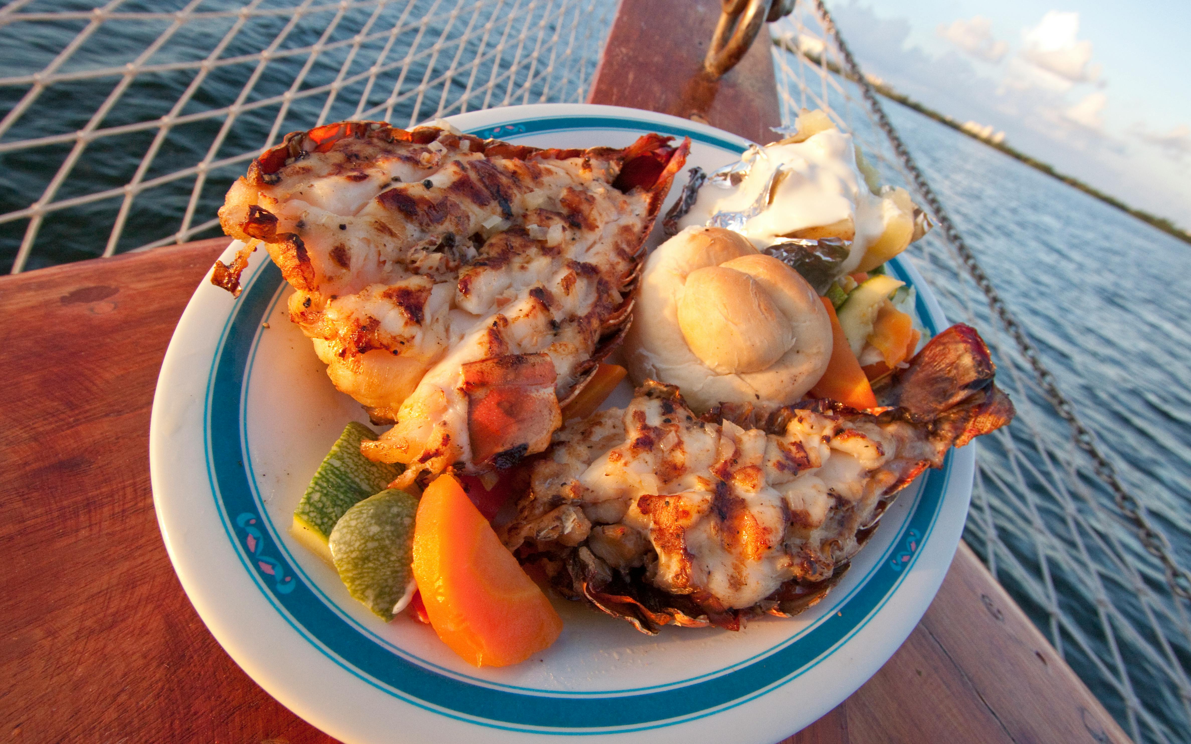 Grilled lobster dinner on a plate during a sunset cruise in Cancun.
