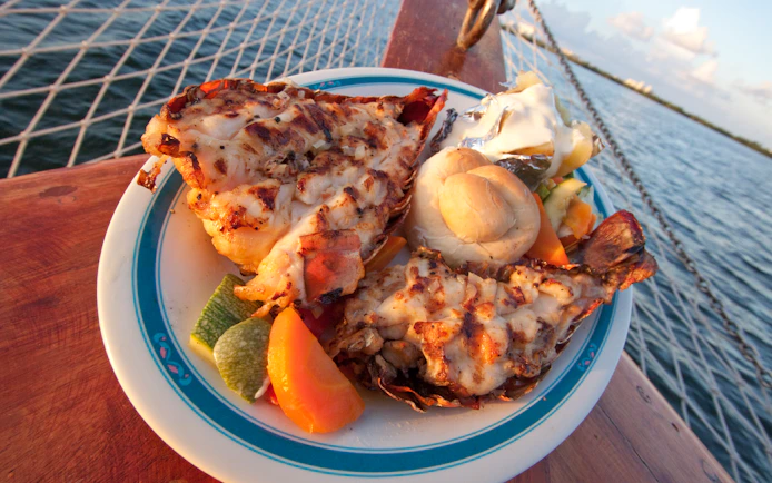 Grilled lobster dinner on a plate during a sunset cruise in Cancun.