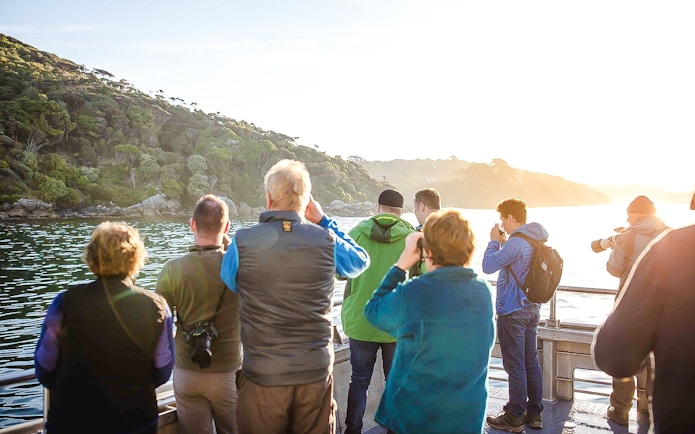 Tourists on a boat at sunset on Stewart Island watching the coastline and sky.