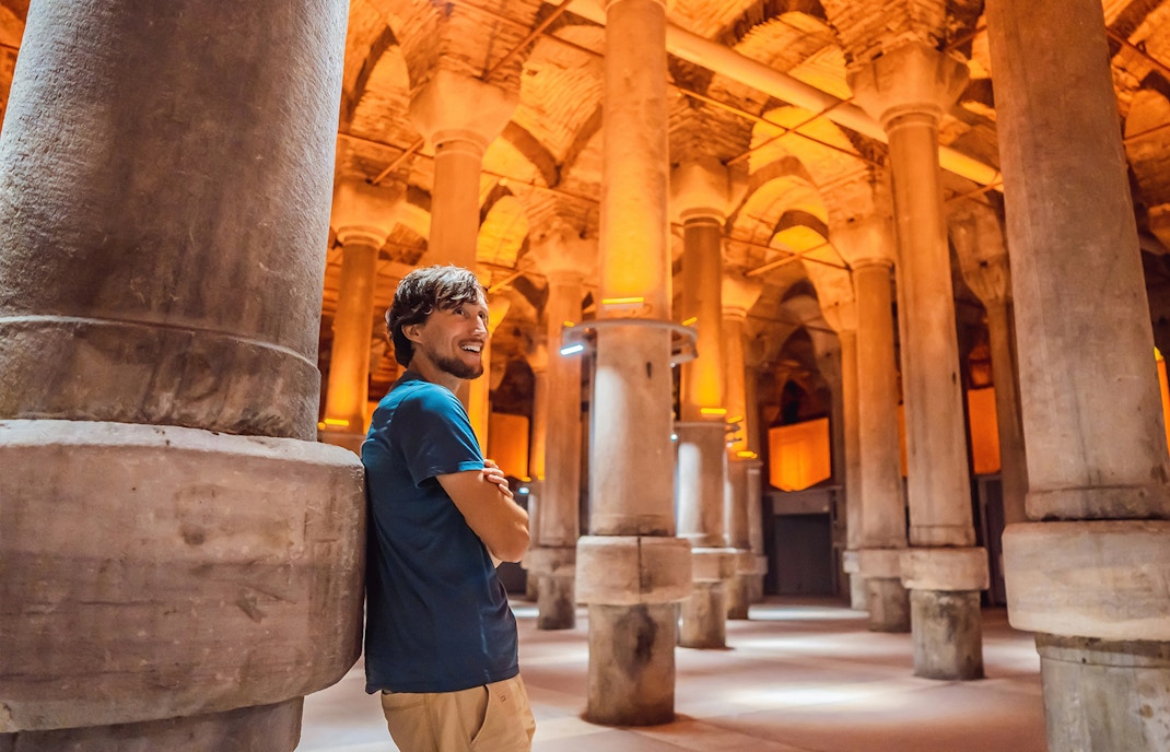 Basilica Cistern guided tour in Istanbul with visitors exploring ancient columns.