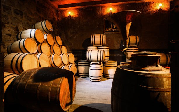 Barrels in a wine cellar at Sun World Ba Na Hills, Vietnam.