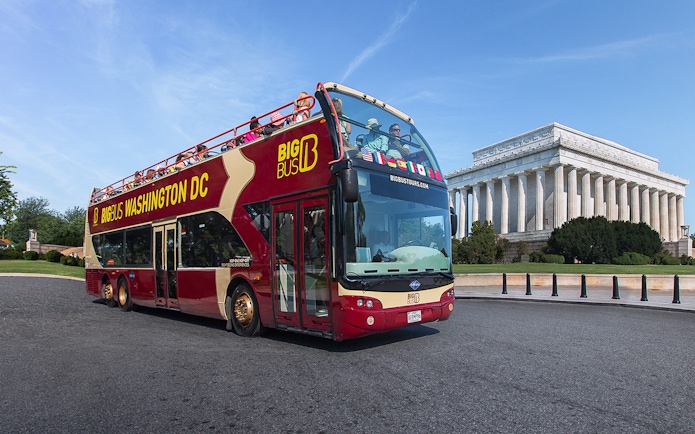 Big Bus tour in Washington DC passing the Lincoln Memorial.