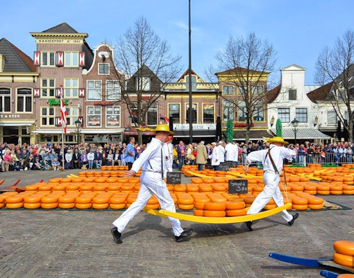 Cheese carriers at Alkmaar Cheese Market, Netherlands, with Gouda wheels and historic buildings.