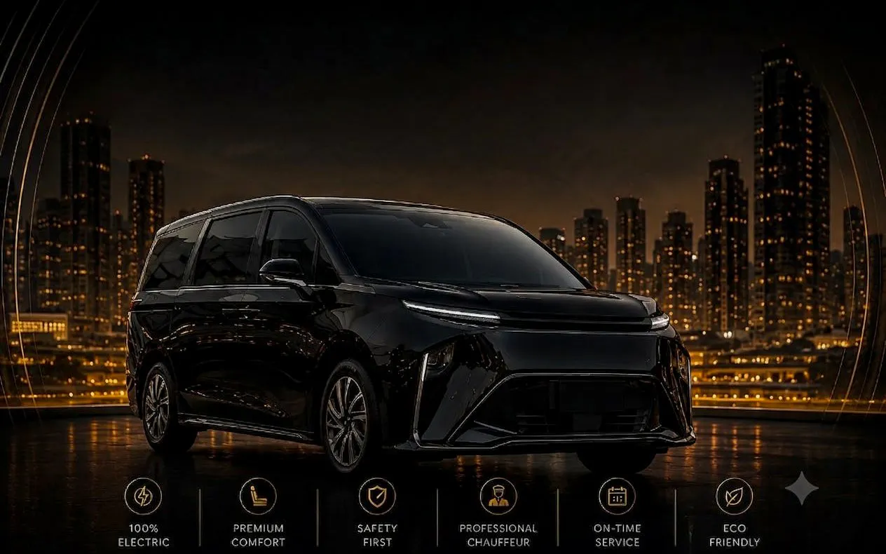 Electric van for Bangkok city transfer to Suvarnabhumi Airport at night.