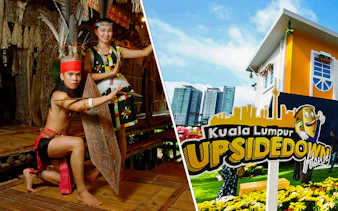 Mari Mari Village cultural performance and Kuala Lumpur Upside Down House sign.