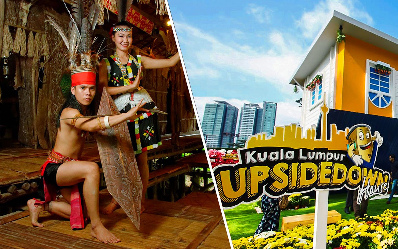 Mari Mari Village cultural performance and Kuala Lumpur Upside Down House sign.