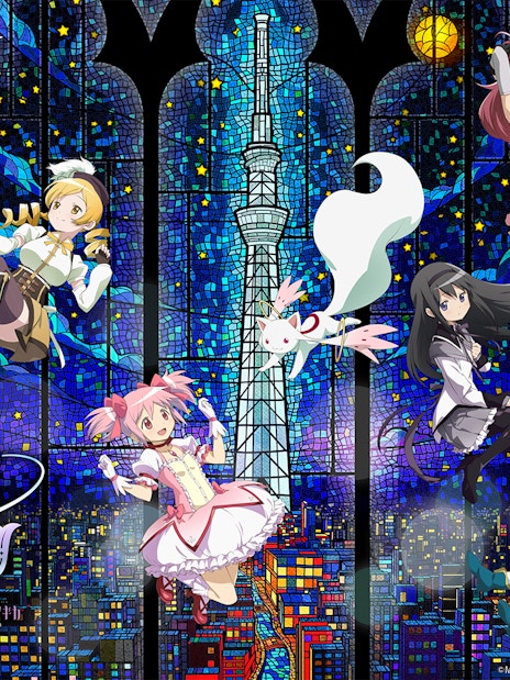 Anime characters from Puella Magi Madoka Magica with Tokyo Skytree in stained glass background, Tokyo, Japan.