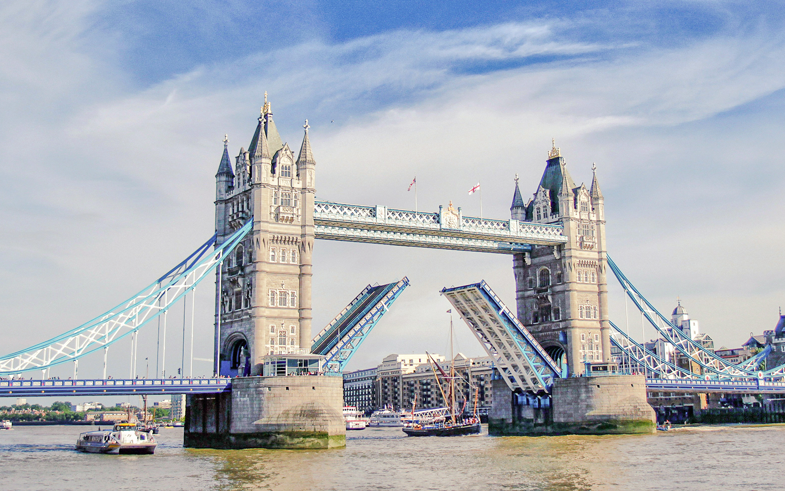 Tower Bridge in London lifting for passing boats.