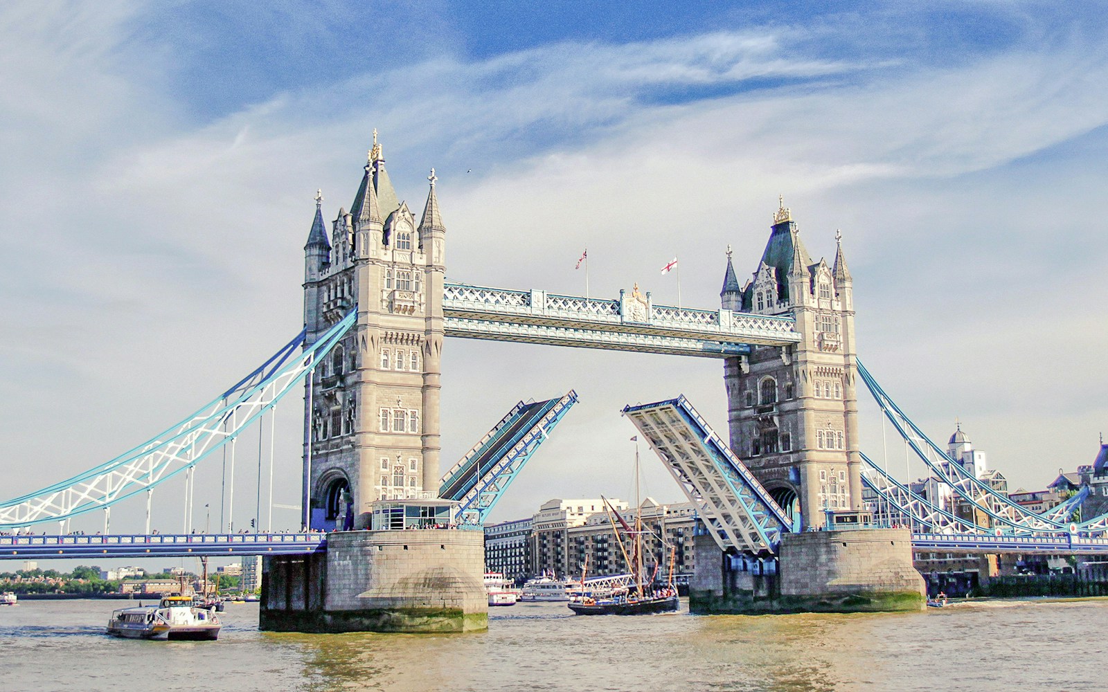 Tower Bridge in London lifting for passing boats.