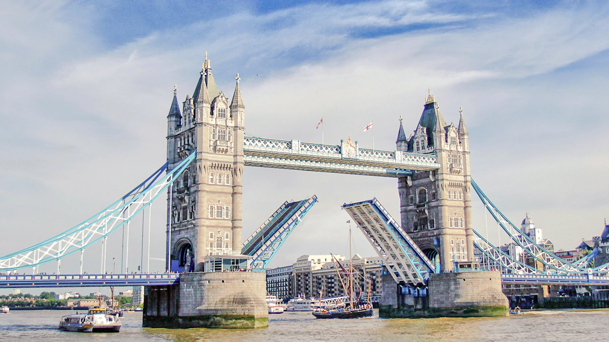 Tower Bridge in London lifting for passing boats.