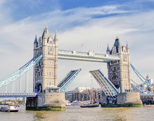 Tower Bridge in London lifting for passing boats.