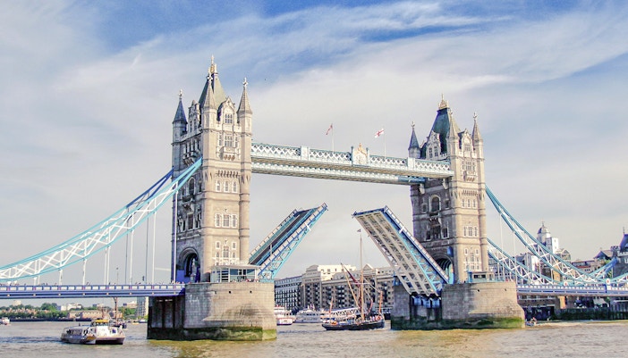 Tower Bridge in London lifting for passing boats.