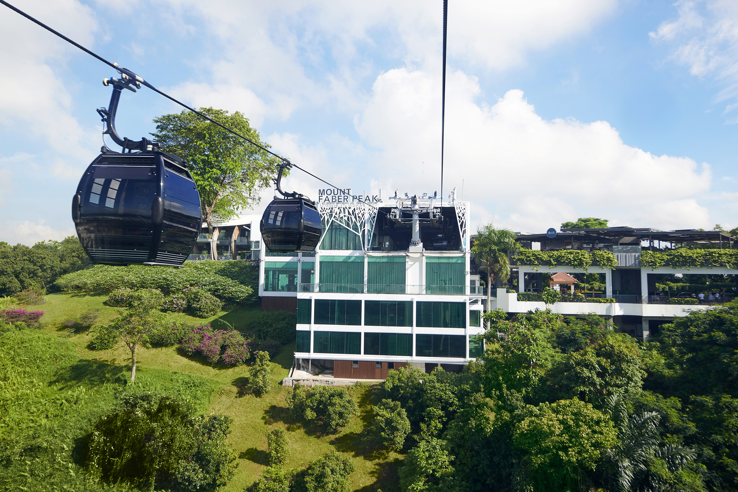 Cable car on Mount Faber line, Singapore, with lush greenery and Mount Faber Peak building.