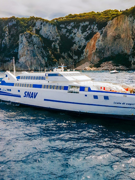 SNAV ferry sailing near Capri cliffs, route between Naples and Capri.