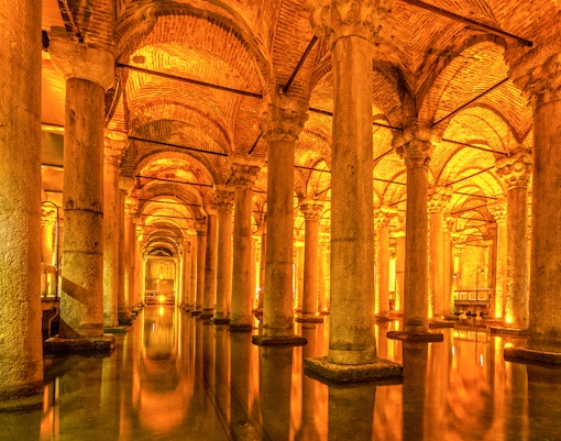 Illuminated columns in the underground Basilica Cistern, Istanbul.