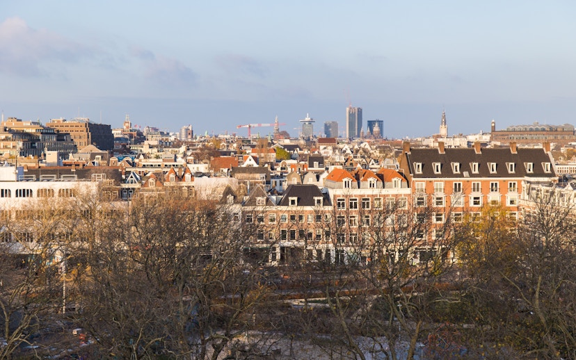 Amsterdam cityscape view from Heineken rooftop experience.