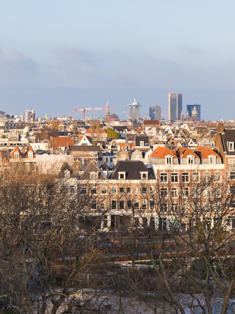 Amsterdam cityscape view from Heineken rooftop experience.