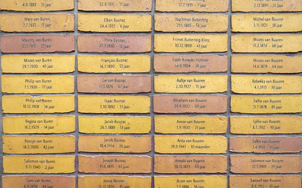 Names inscribed on bricks at the Holocaust Names Monument in Amsterdam.