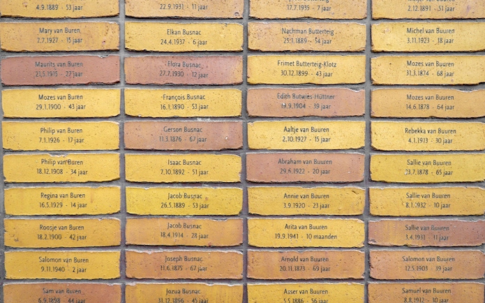 Names inscribed on bricks at the Holocaust Names Monument in Amsterdam.