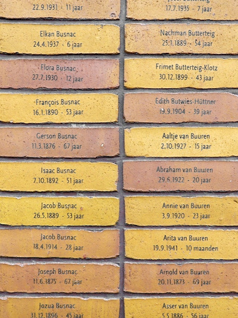 Names inscribed on bricks at the Holocaust Names Monument in Amsterdam.