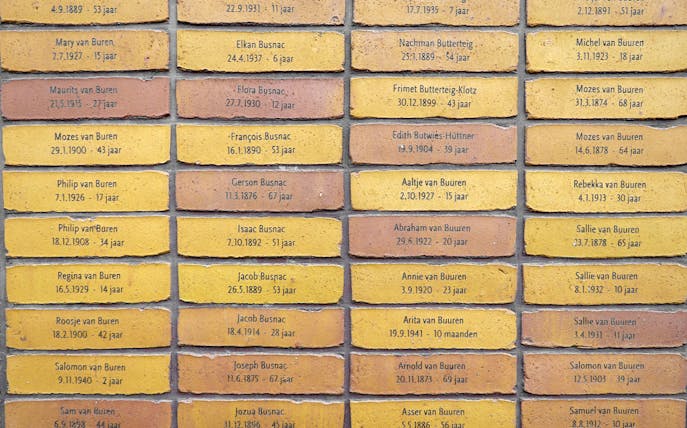 Names inscribed on bricks at the Holocaust Names Monument in Amsterdam.